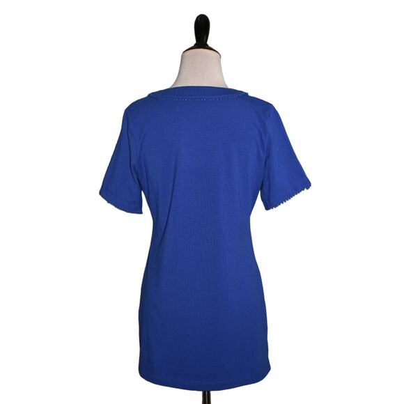 DENIM & CO. NEW $40 Perfect‎ Jersey U-Neck Tunic w/ Dot Lace Trim Lapis Blue XXS - Picture 2 of 3